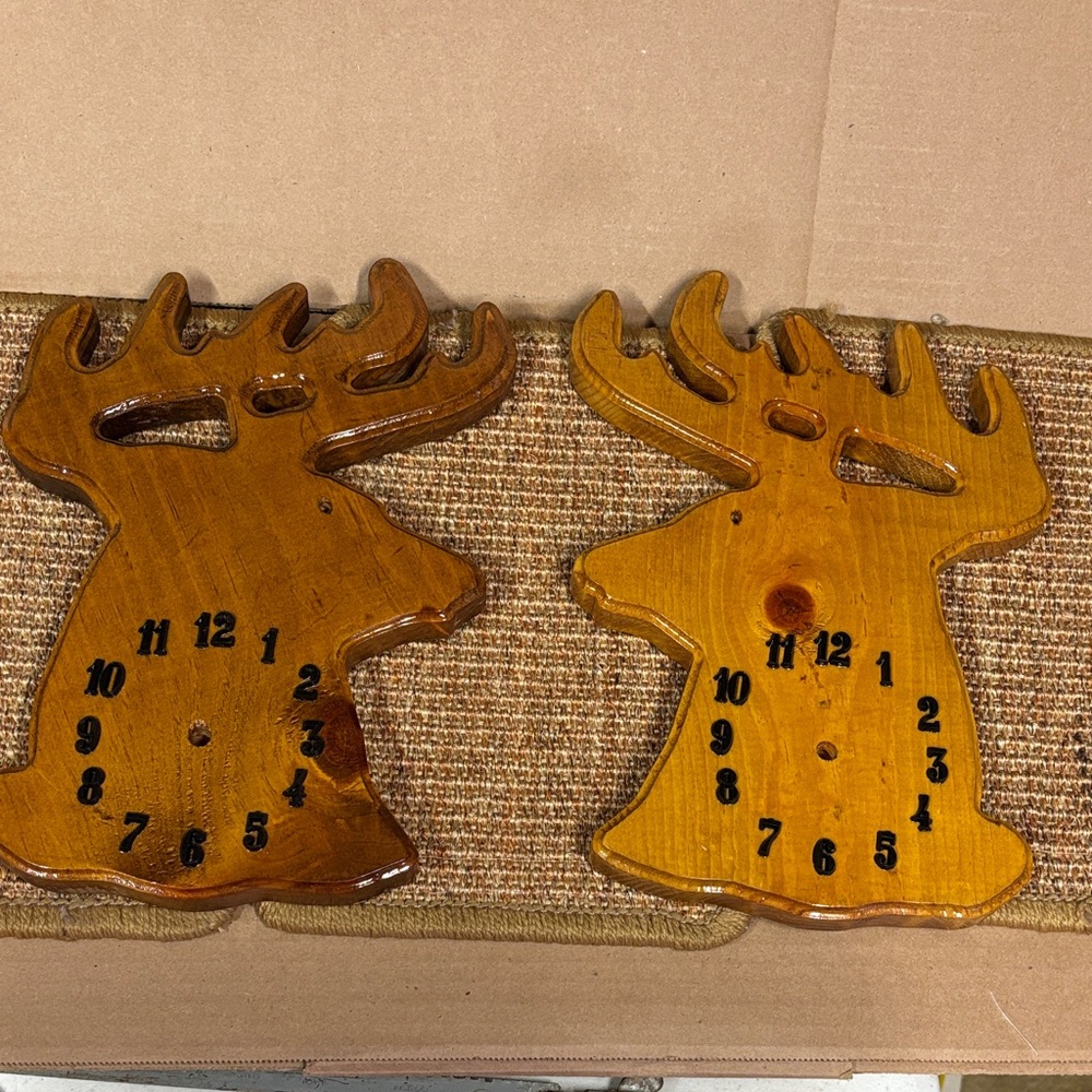 2 Stained Pine Wood Deer Head Wall Clock Faces without clock mechanism. DIY